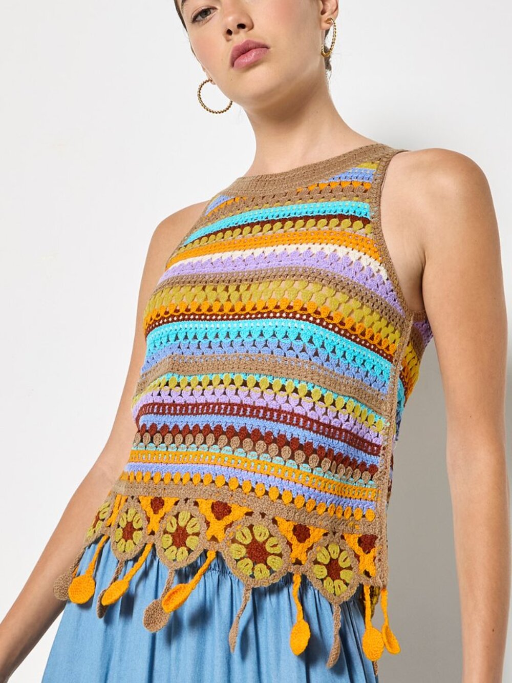 Multi Stripe Tassel Crochet Top